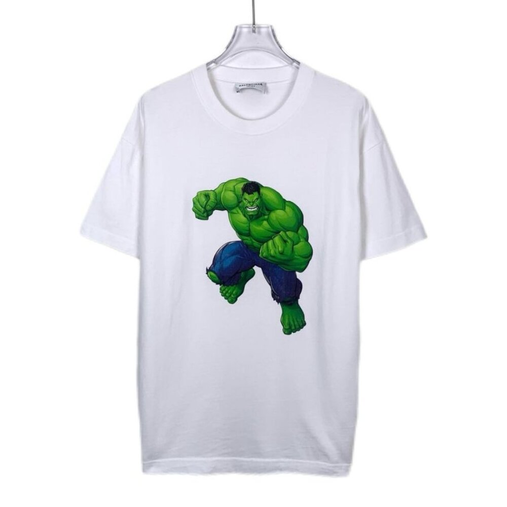 Balenciaga X Marvel Hulk Collab White Cotton T-Shirt Green Hulk Print Short Slee
